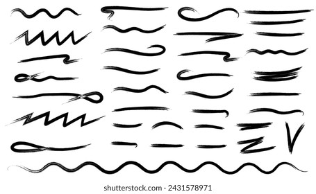 Grunge vector brushes, handwritten ink strokes. Set of handmade lines, brush underlines lines, underscores. A hand-drawn collection of various shapes in the doodle style.