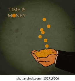 Grunge vector card with hands and coins.