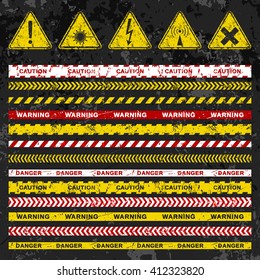 Grunge vector caution tapes collection with warning signs on dark background. Illustration consists of 5 popular symbols and 13 different multicolored tapes. Fully editable file for your projects.