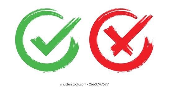 Grunge vector checkmark and cross. Grunge green check mark and red cross mark icon set. brush correct or incorrect sign with circle.