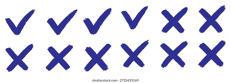 Marca de verificación y cruz del Vector Grunge. Grunge marca de verificación verde y conjunto de iconos de marca de cruz roja. pincel signo correcto o incorrecto con círculo