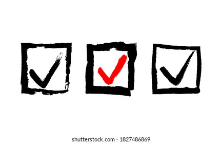 Grunge vector checkmarks isolated on white. Check signs sketch, voting agrees on checklist mark or examination task list. Hand-drew tick V X sign. Checkbox chalk icon, sketch checkmark. 