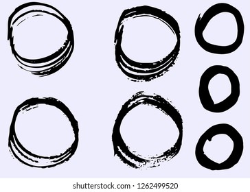 Grunge vector circles. Brush strokes badges, hand drawn, isolated
