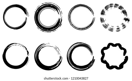 Grunge vector circles set. Dry brush paint strokes