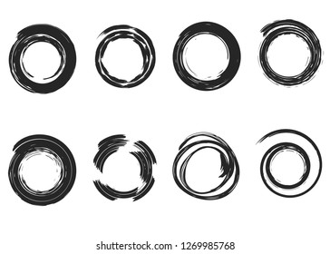 Grunge vector circles set. Dry brush paint strokes