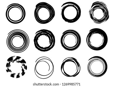 Grunge vector circles set. Dry brush paint strokes