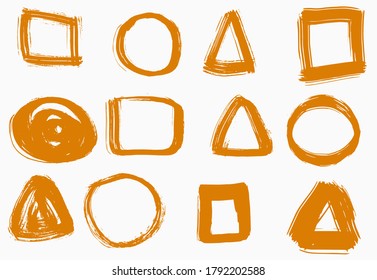 Grunge vector circles, triangles and rectangle. Brush strokes set, hand drawn, isolated