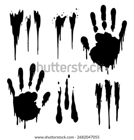 Grunge vector collection of black dripping handprints and splatters. Silhouette horror elements for dark art