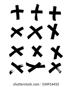 Grunge vector crosses. Set of  textured black ink brush strokes.