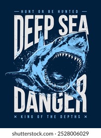 Grunge vector design with attacking shark and typography. Perfect for poster, apparel and t shirt design. Vector EPS10 graphic.