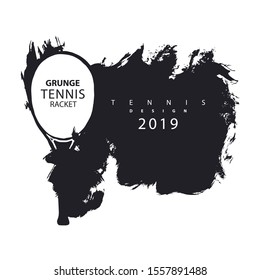 Grunge vector design for tennis. Black abstract background for banner, flyer with tennis racket.