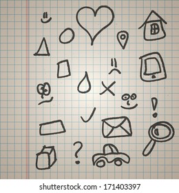 Grunge vector doodle icons set on checked paper