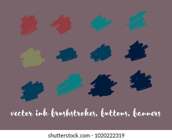 Grunge Vector Drawn Buttons Set. Modern Splats, Ink Banners, Hand Painted Smears. Hipster Graffiti Ads Backgrounds, Vintage Textured Doodles. Cool Smeared Borders, Vector Painted Buttons Set.