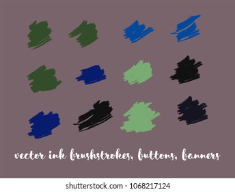 Grunge Vector Drawn Buttons Set. Modern Splats, Ink Banners, Hand Painted Smears. Hipster Graffiti Ads Backgrounds, Vintage Textured Doodles. Cool Smeared Borders, Vector Gouache Buttons Set.