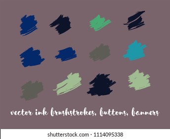 Grunge Vector Drawn Buttons Set. Modern Splashes, Ink Banners, Hand Painted Smears. Trendy Grunge Ads Backgrounds, Vintage Doodle Textures. Uneven Borders, Paint Vector Paintbrush Set.