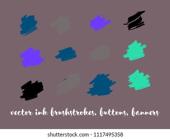 Grunge Vector Drawn Buttons Set. Funky Splashes, Ink Banners, Hand Painted Buttons. Amazing Trendy Grunge Backgrounds, Vintage Doodle Collection. Cool Smeared Borders, Vector Drawn Buttons Set.