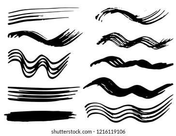 Grunge vector dry paint brush strokes. Collection of paint stripes and waves, free hand drawing