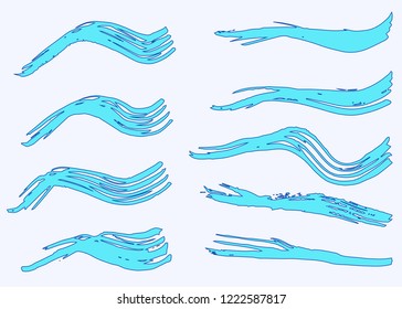 Grunge vector dry paint brush strokes. Collection of blue paint stripes and waves, free hand drawing