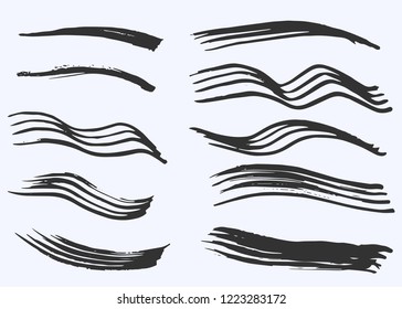 Grunge vector dry paint brush strokes. Collection of paint stripes and waves, free hand drawing