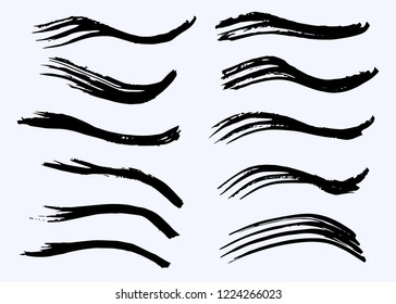 Grunge vector dry paint brush strokes. Collection of paint stripes and waves, free hand drawing