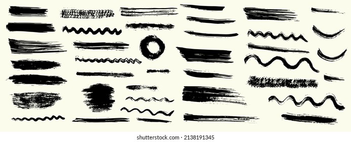 Grunge los trazos de pincel de pintura seca vectorial. Colección aislada, dibujada a mano