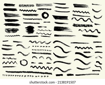Grunge los trazos de pincel de pintura seca vectorial. Colección aislada, dibujada a mano
