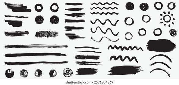 Grunge vector dry paint brush strokes. Isolated, hand drawn collection