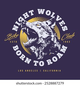 Grunge Vektor Emblem mit einem heftigen Wolf Kopf und Typografie. Perfekt für T-Shirt Prints, Bekleidung und Aufkleber. Hoher Kontrast-Grunge-Stil. EPS10-Vektorgrafik.