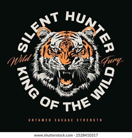 Grunge vector emblem with roaring tiger head. Perfect for t shirt prints, apparel and label designs. High contrast grunge style. Vector EPS10 graphic.