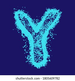 Fuente vectorial ondulada.Letra azul con grietas y manchas en el fondo oscuro.