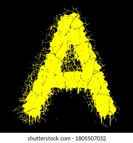 Grunge el tipo de letra vectorial.Letra amarilla con grietas y tatuajes en el fondo negro.