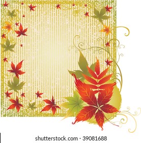 Grunge vector frame background with colorful Autumn Leafs. Thanksgiving (From my big "FLORAL BACKGROUND")