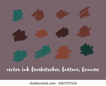 Grunge Vector Gouache Buttons Set. Funky Splashes, Ink Banners, Hand Painted Buttons. Trendy Graffiti Ads Backgrounds, Vintage Textured Doodles. Uneven Borders, Paint Vector Paintbrush Set.