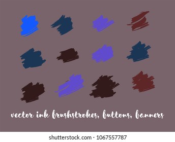 Grunge Vector Gouache Buttons Set. Modern Splashes, Ink Banners, Hand Painted Smears. Hipster Graffiti Ads Backgrounds, Vintage Textured Doodles. Uneven Borders, Paint Vector Paintbrush Set.