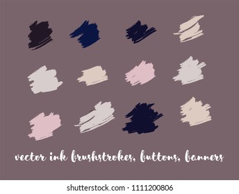 Grunge Vector Gouache Buttons Set. Modern Splats, Ink Banners, Hand Painted Smears. Amazing Trendy Grunge Backgrounds, Vintage Doodle Collection. Cool Smeared Borders, Vector Gouache Buttons Set.