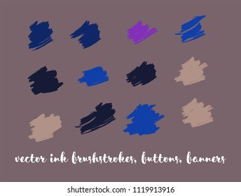 Grunge Vector Gouache Buttons Set. Funky Splashes, Ink Banners, Hand Painted Buttons. Hipster Graffiti Ads Backgrounds, Vintage Textured Doodles. Textured Borders, Paint Vector Brushstrokes Set.