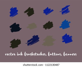 Grunge Vector Gouache Buttons Set. Modern Splashes, Ink Banners, Hand Painted Smears. Trendy Grunge Ads Backgrounds, Vintage Doodle Textures. Cool Smeared Borders, Vector Drawn Buttons Set.