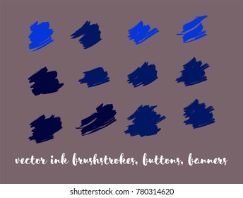 Grunge Vector Gouache Buttons Set. Modern Splats, Ink Banners, Hand Painted Smears. Trendy Graffiti Ads Backgrounds, Vintage Textured Doodles. Cool Smeared Borders, Vector Drawn Buttons Set.