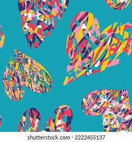 Grunge corazones vectoriales. Material gráfico para tela, papel impreso o envoltorio. Día de San Valentín o antecedentes de cumpleaños. Patrón vectorial transparente