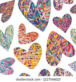 Grunge corazones vectoriales aislados en blanco. Material gráfico para tela, papel impreso o envoltorio. Día de San Valentín o antecedentes de cumpleaños. Patrón vectorial transparente