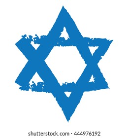 Grunge vector icon of Judaic symbol Magen David or David Star, abstract hexagram digital brush work design element, Israeli flag detail