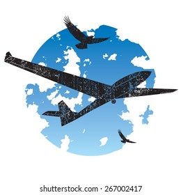 Grunge vector icon showing sailplane and birds