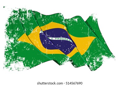 Grunge Vector Illustration of a Brazilian waving flag. All elements neatly organized. Texture, Lines, Shading & Flag Colors on separate layers for easy editing.