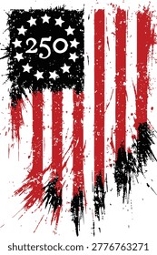 Grunge vector illustration celebrating the United States (250th anniversary). The design features a distressed American flag style with vertical red and white stripes and a black canton containing thirteen stars in a circle and the number '250.' This edgy, patriotic graphic is perfect for 2026 anniversary apparel, commemorative posters, and Fourth of July merchandise.