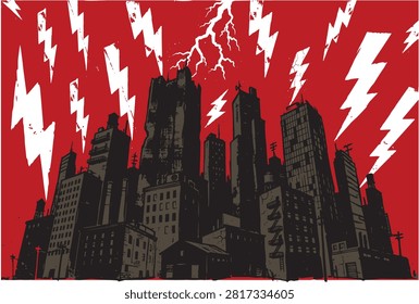 Grunge vector illustration of a city skyline silhouette during a powerful lightning storm with electric strikes hitting skyscrapers lightning skyscrapers illustration electrical striking