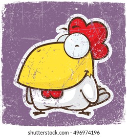 Grunge vector illustration of cute cartoon rooster character.