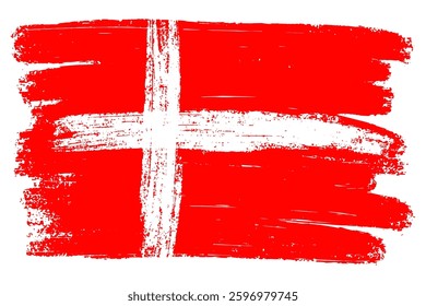 Grunge vector illustration of the Danish flag, featuring hand-drawn brush strokes and a distressed texture. The deep red and white colors of the Dannebrog stand out in a rough, artistic style.