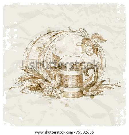 Grunge vector illustration - hand drawn still life with hop, mug of beer and wheat