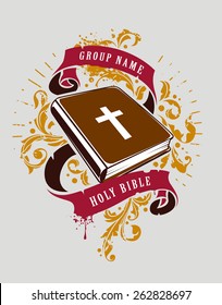 Grunge vector illustration of holy bible with ribbons and florals. Vector print.
