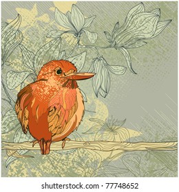 Grunge vector illustration of an orange bird on a tree